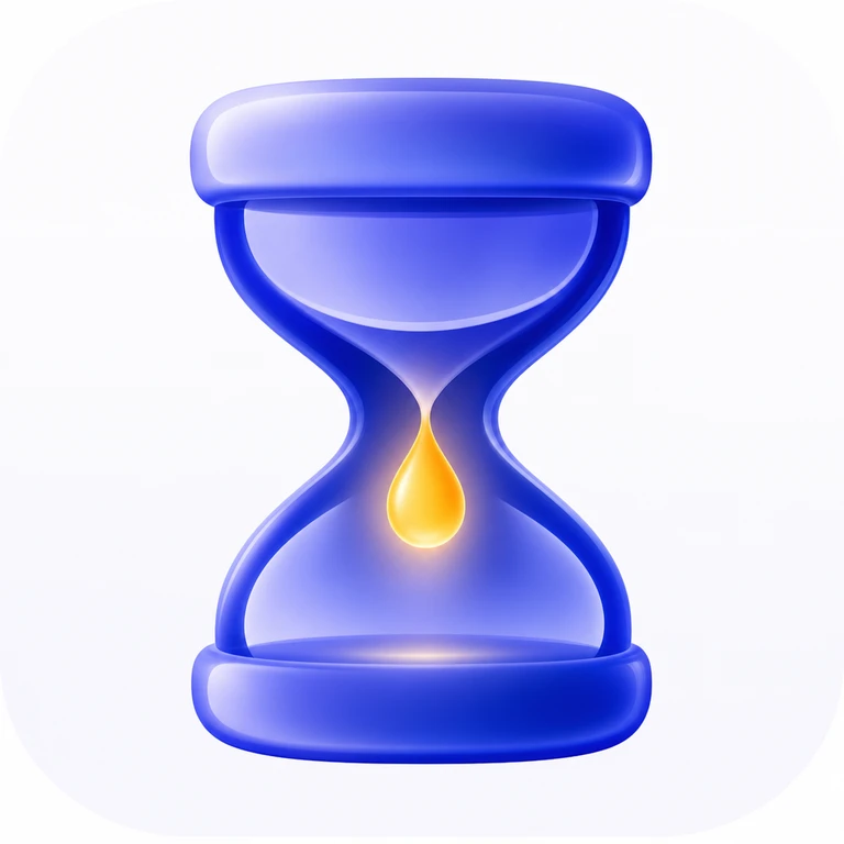 Glossy cobalt-blue glass hourglass with rounded ends and a glowing golden droplet suspended in the center on a white background.