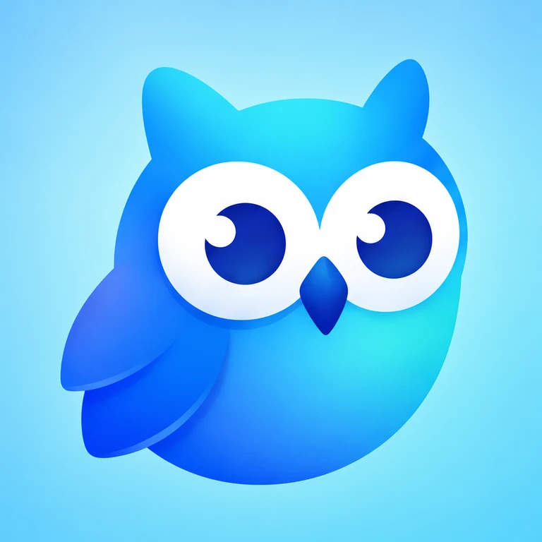 Large turquoise and cobalt owl with oversized white eyes and dark-blue crescent pupils on an ice-blue background