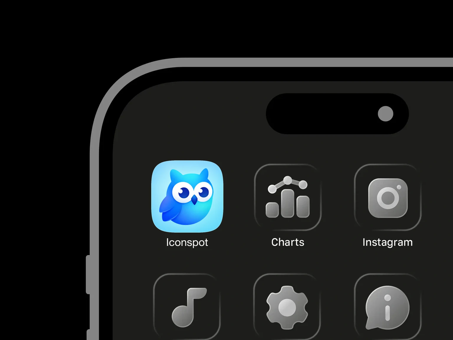 Large turquoise and cobalt owl with oversized white eyes and dark-blue crescent pupils on an ice-blue background shown in an iPhone app grid