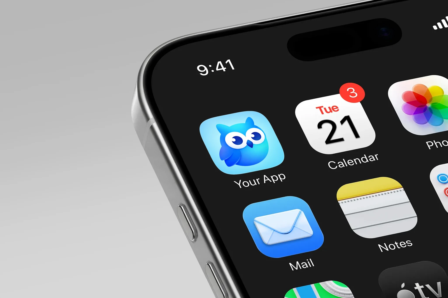Large turquoise and cobalt owl with oversized white eyes and dark-blue crescent pupils on an ice-blue background shown on an iPhone home screen