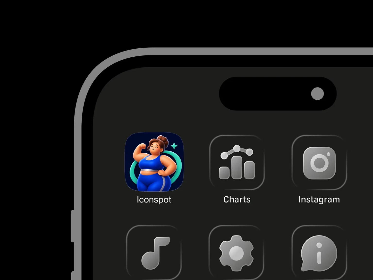 Happy plus-size athlete in cobalt workout clothes flexing her arm with a mint ring and sparkle shown in an iPhone app grid