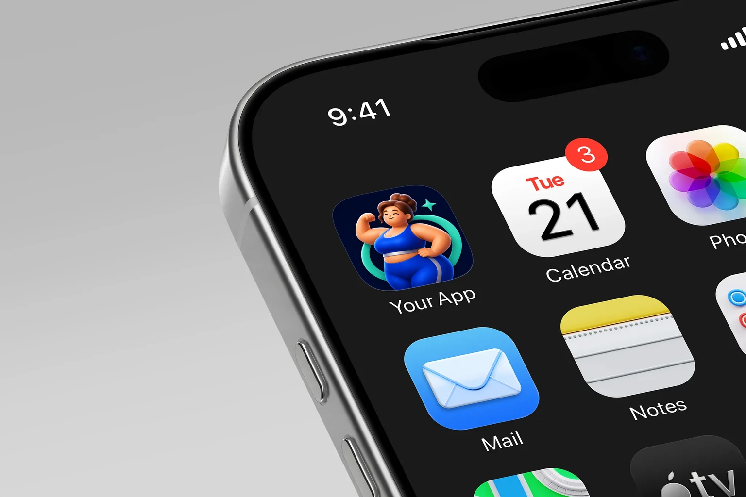 Happy plus-size athlete in cobalt workout clothes flexing her arm with a mint ring and sparkle shown on an iPhone home screen