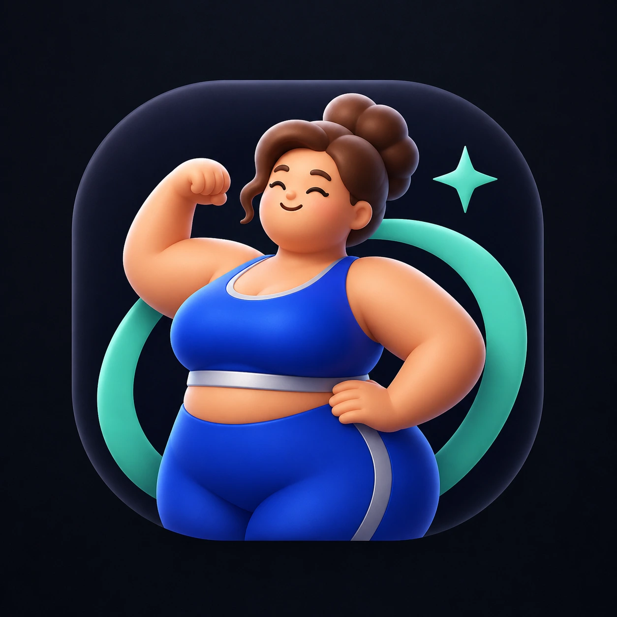 Happy plus-size athlete in cobalt workout clothes flexing her arm with a mint ring and sparkle original presentation artwork