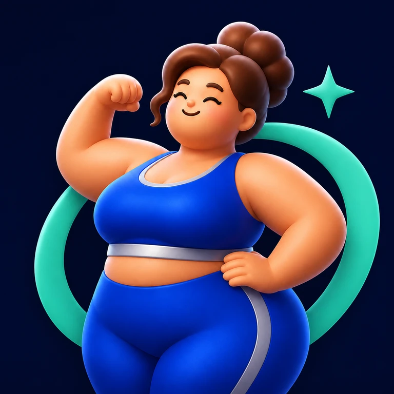 Happy plus-size athlete in cobalt workout clothes flexing her arm with a mint ring and sparkle
