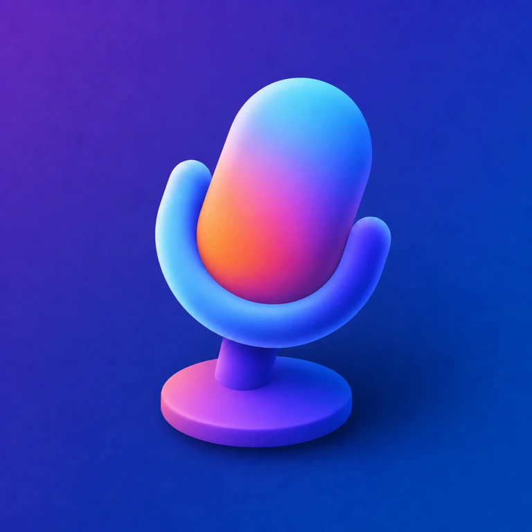 Rounded multicolor desktop microphone in a blue curved cradle on a circular stand against a purple-blue background.