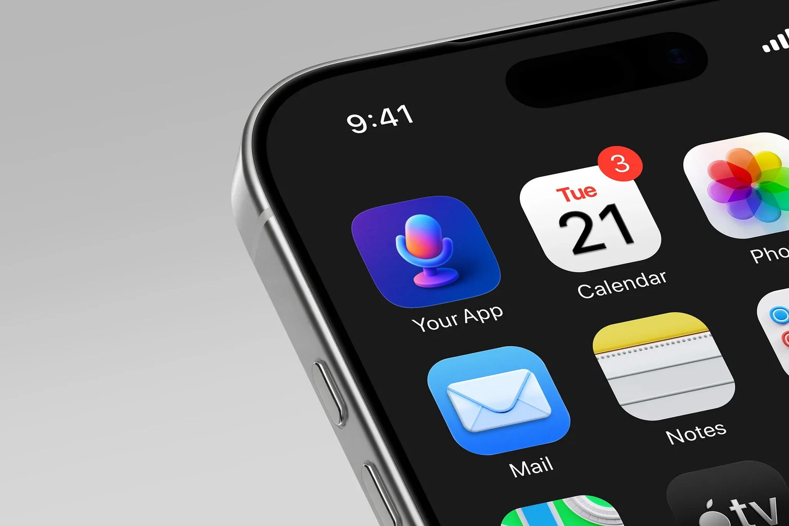 Rounded multicolor desktop microphone in a blue curved cradle on a circular stand against a purple-blue background. shown on an iPhone home screen