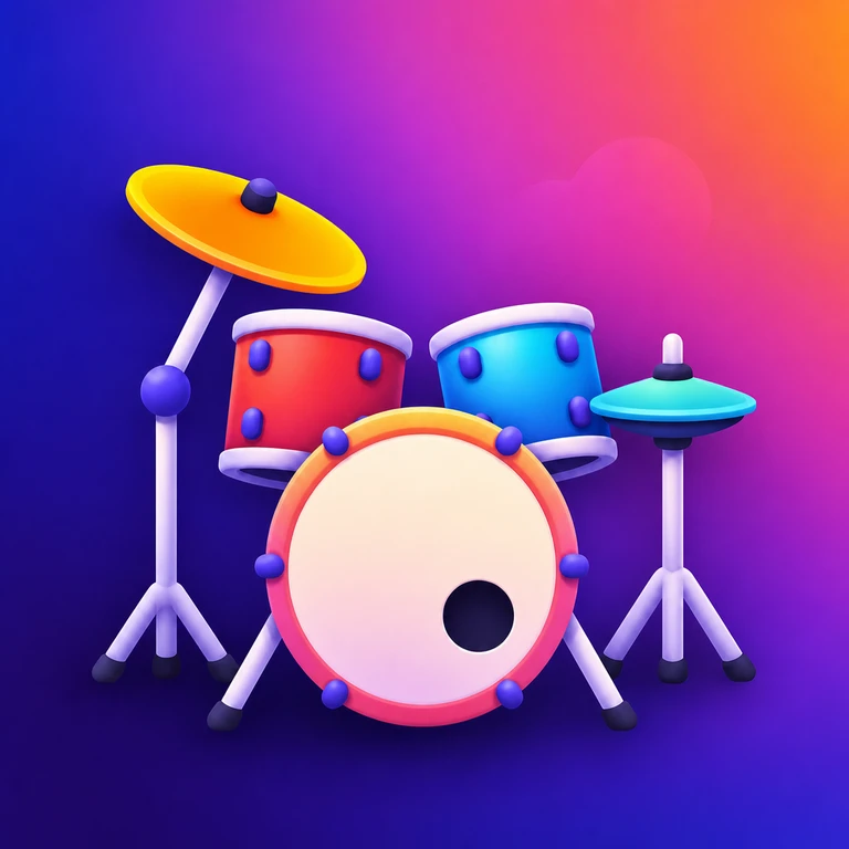 Colorful 3D drum kit with a bass drum, two tom drums, and two cymbals on stands against a purple and pink gradient background