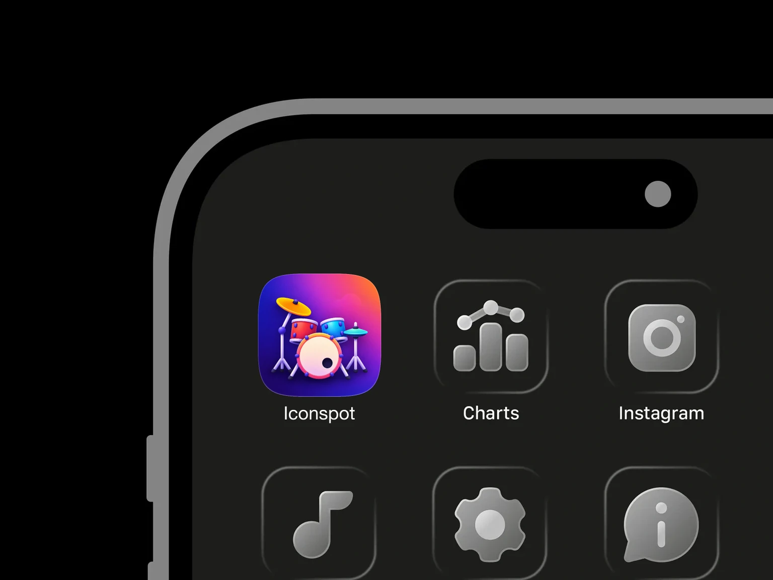 Colorful 3D drum kit with a bass drum, two tom drums, and two cymbals on stands against a purple and pink gradient background shown in an iPhone app grid