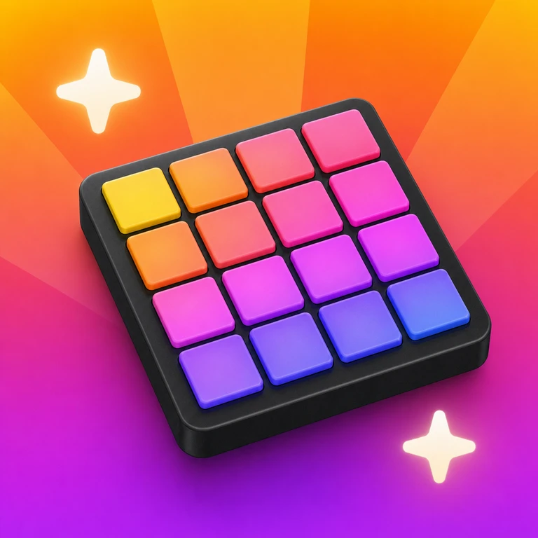 Black drum pad controller with 16 yellow, orange, pink, purple, and blue buttons on a radiant gradient background with two white sparkles