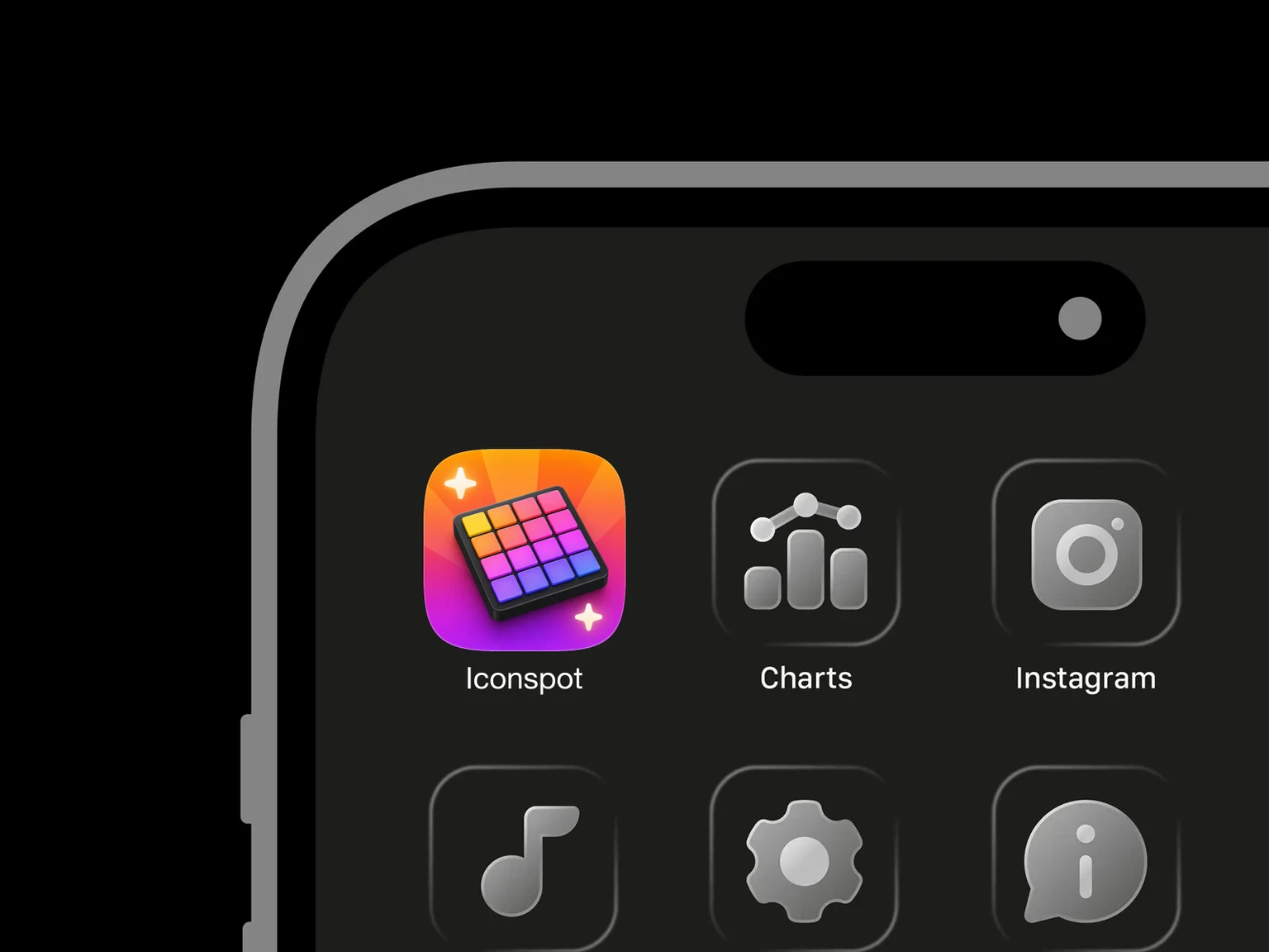 Black drum pad controller with 16 yellow, orange, pink, purple, and blue buttons on a radiant gradient background with two white sparkles shown in an iPhone app grid