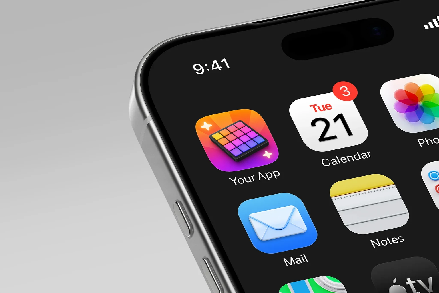 Black drum pad controller with 16 yellow, orange, pink, purple, and blue buttons on a radiant gradient background with two white sparkles shown on an iPhone home screen