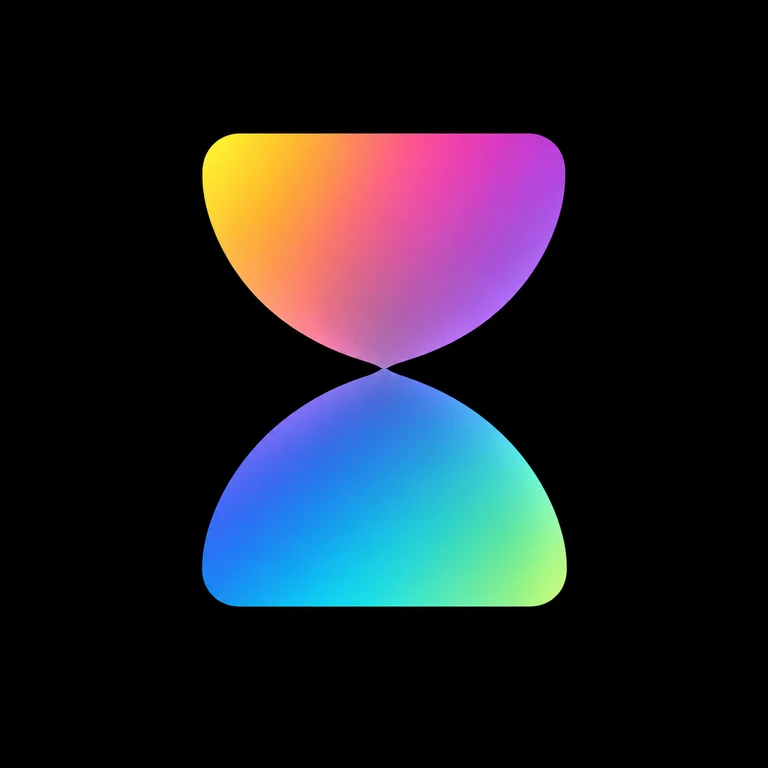 Rounded multicolor gradient hourglass silhouette centered on a solid black square background