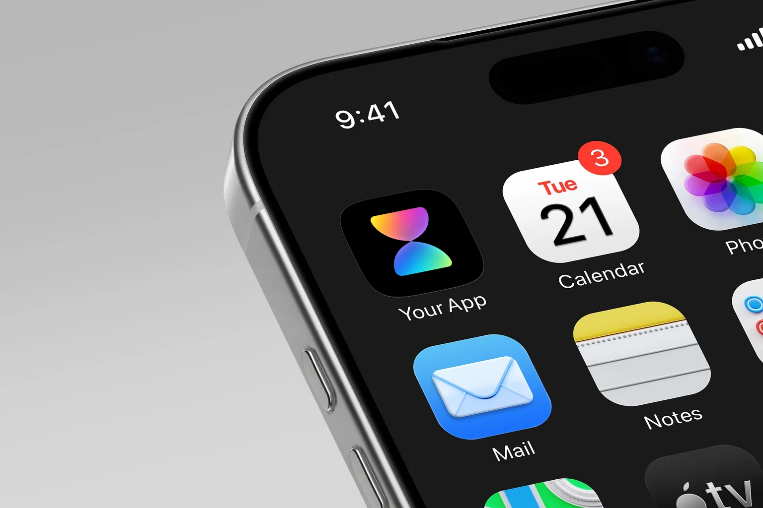Rounded multicolor gradient hourglass silhouette centered on a solid black square background shown on an iPhone home screen