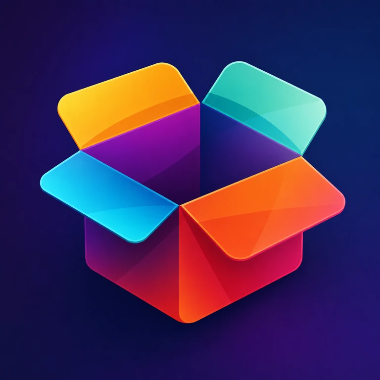 Glossy open box with cyan, yellow, mint, orange, magenta, and purple gradient panels on a dark navy background