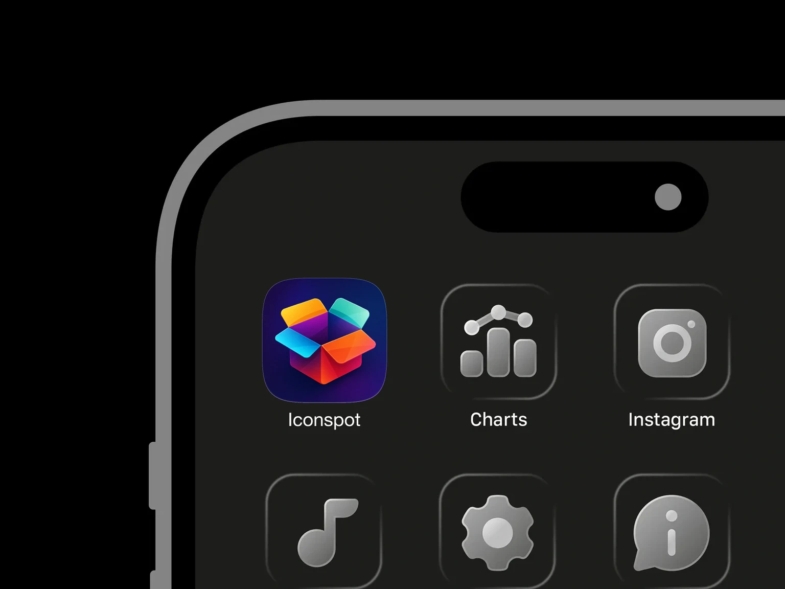 Glossy open box with cyan, yellow, mint, orange, magenta, and purple gradient panels on a dark navy background shown in an iPhone app grid