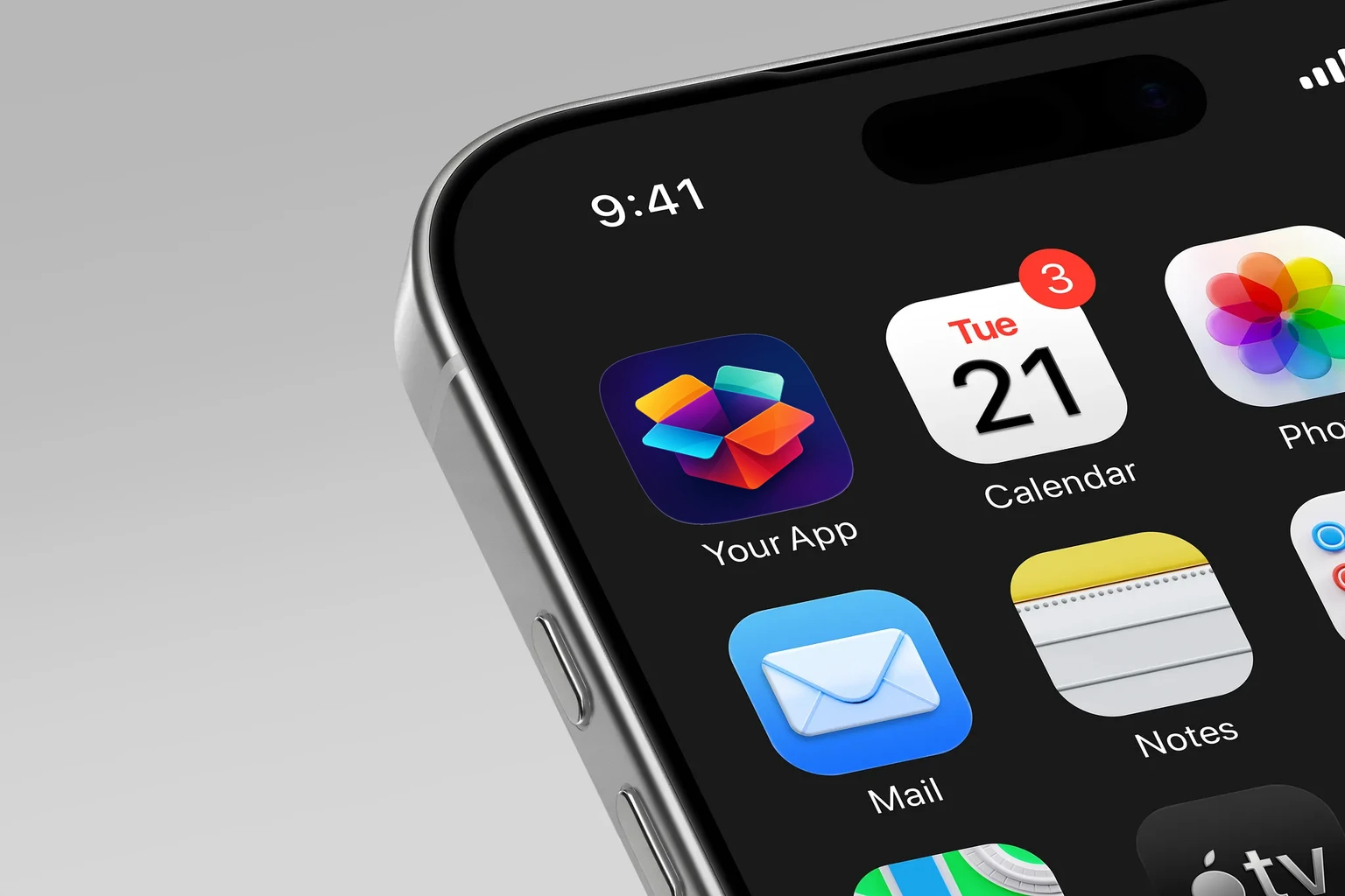 Glossy open box with cyan, yellow, mint, orange, magenta, and purple gradient panels on a dark navy background shown on an iPhone home screen