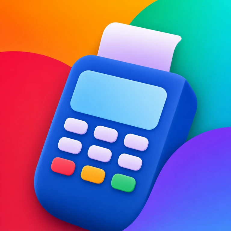 Blue payment terminal with a pale screen, colorful keypad buttons, and a white receipt against a bright abstract background