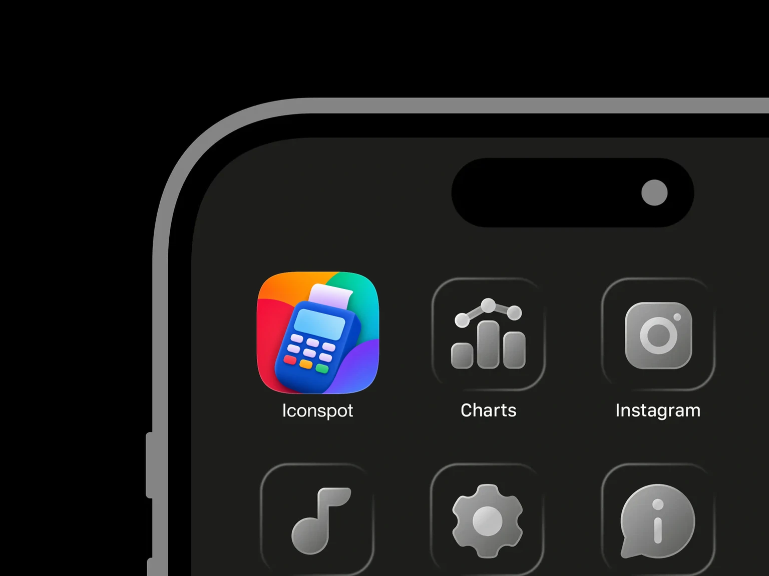 Blue payment terminal with a pale screen, colorful keypad buttons, and a white receipt against a bright abstract background shown in an iPhone app grid