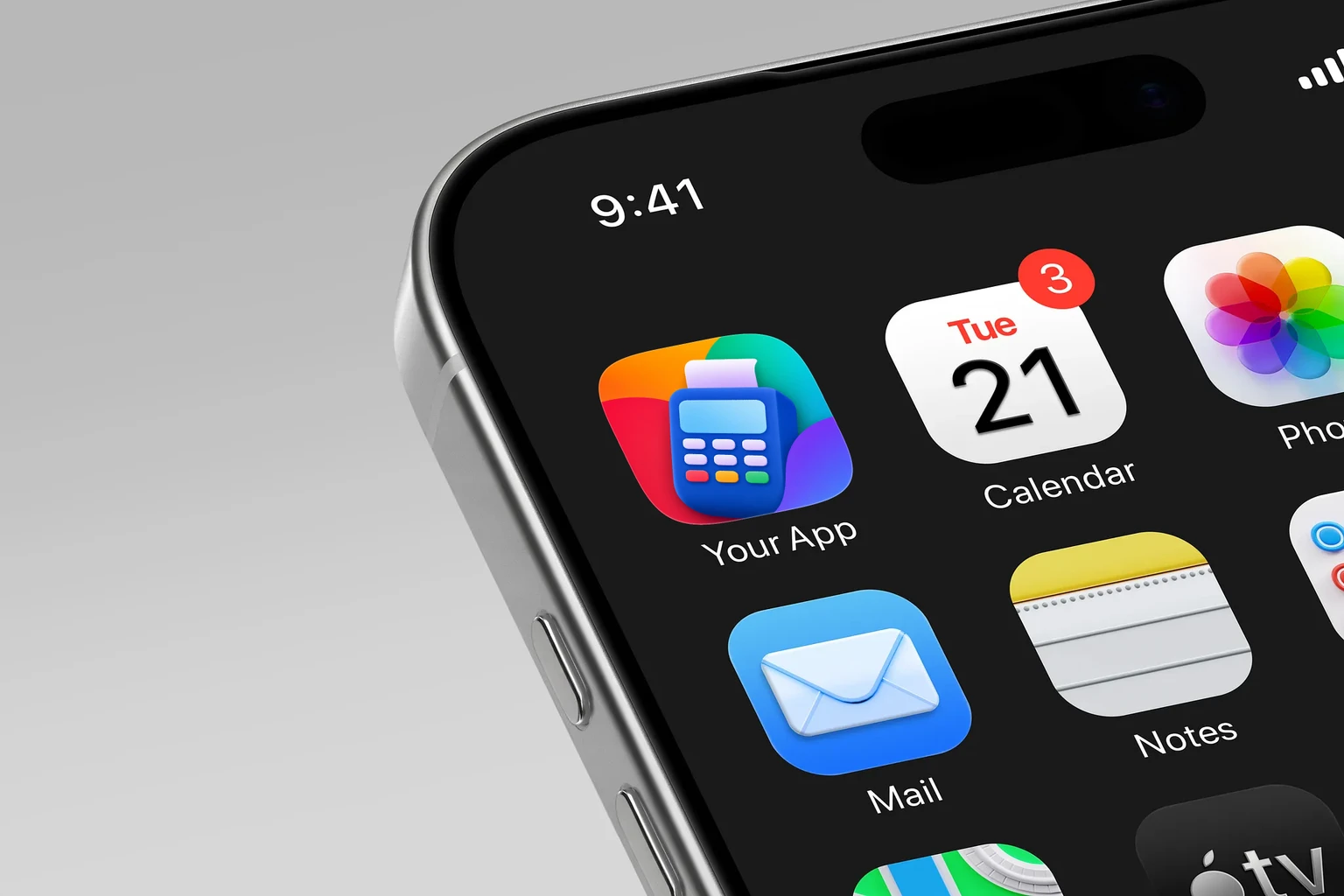 Blue payment terminal with a pale screen, colorful keypad buttons, and a white receipt against a bright abstract background shown on an iPhone home screen