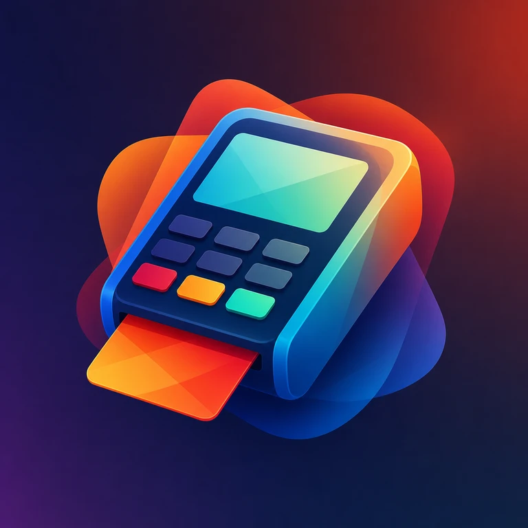 Colorful blue payment terminal with a glowing gradient screen, keypad and orange-red card inserted at the bottom