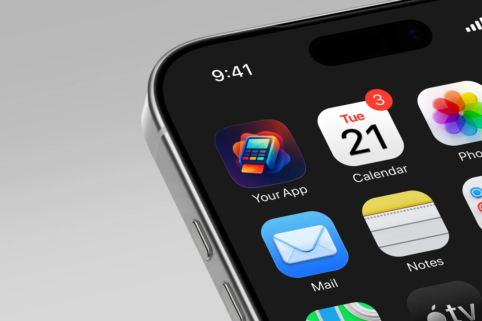 Colorful blue payment terminal with a glowing gradient screen, keypad and orange-red card inserted at the bottom shown on an iPhone home screen
