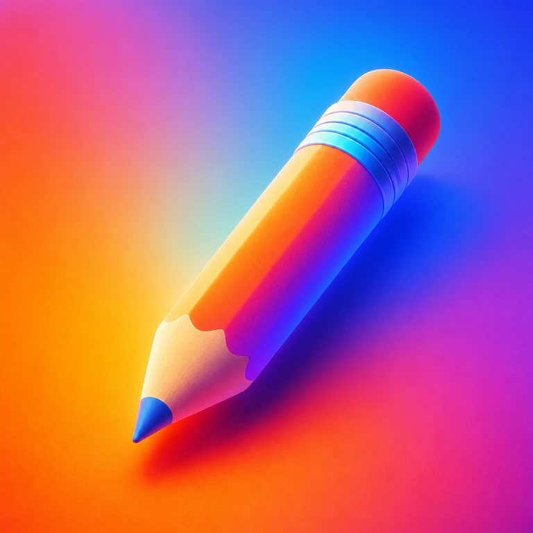 Diagonal orange and pink pencil with a blue tip and striped ferrule on a blurred rainbow gradient background.
