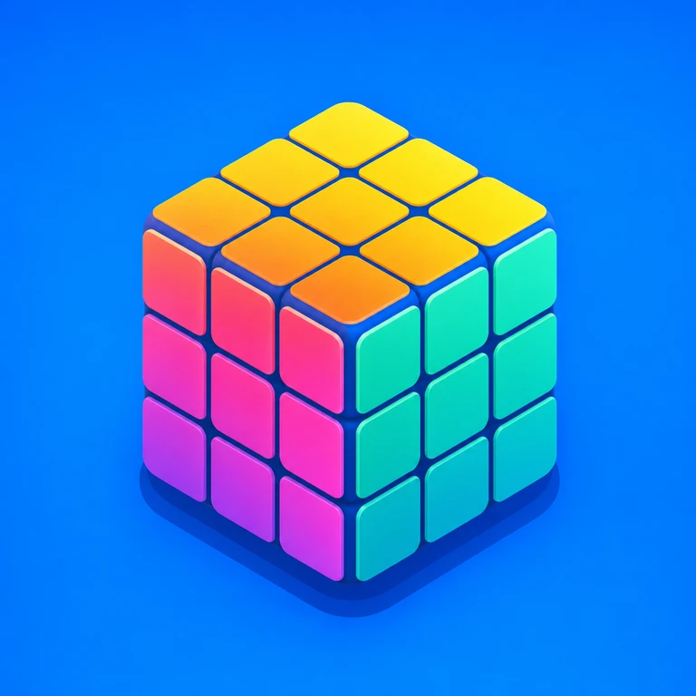 Glossy 3D puzzle cube with yellow and orange top tiles, pink and purple left tiles, and teal right tiles on a blue background