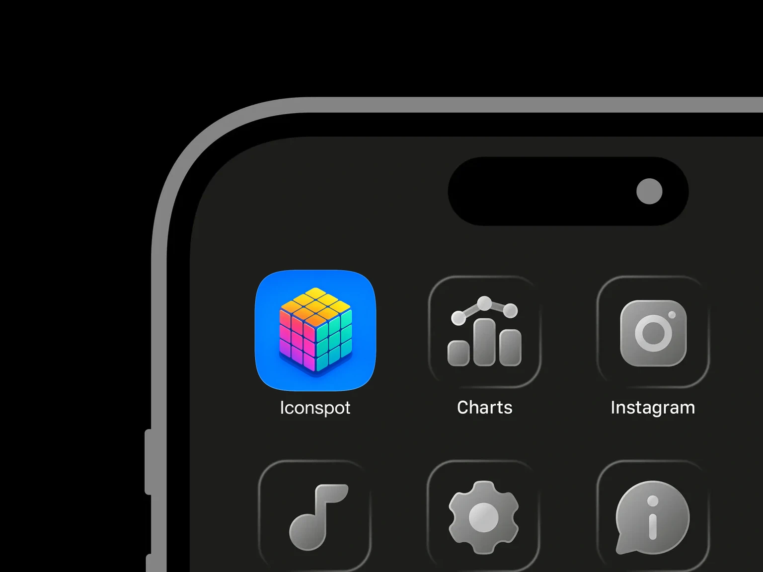 Glossy 3D puzzle cube with yellow and orange top tiles, pink and purple left tiles, and teal right tiles on a blue background shown in an iPhone app grid