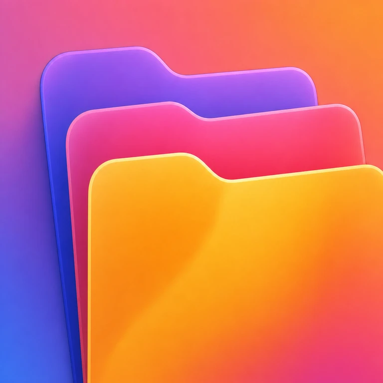 Three overlapping rounded file folders in purple, pink, and orange gradients