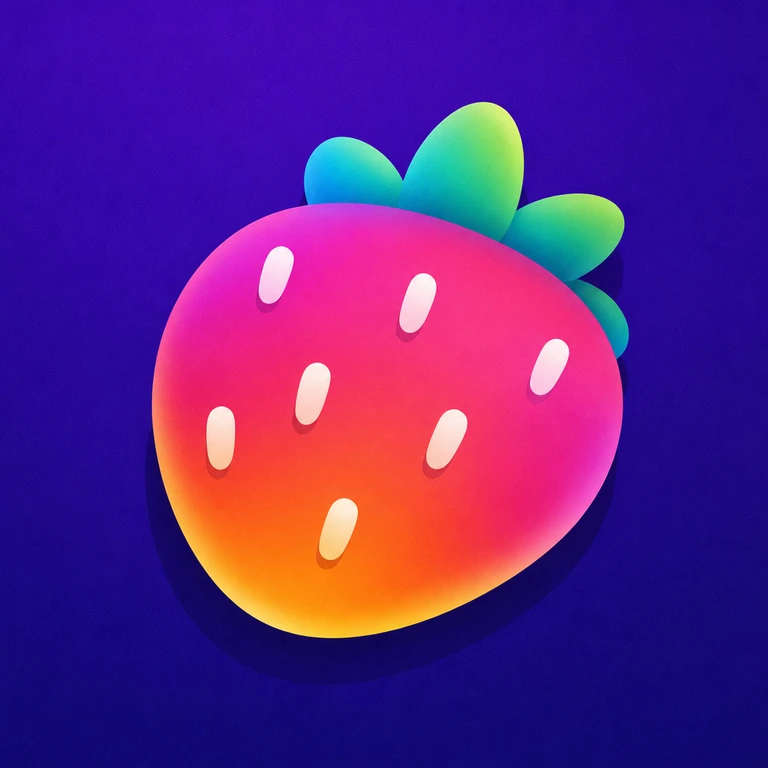 Rounded pink and orange strawberry with white seeds and three green leaves on a purple background