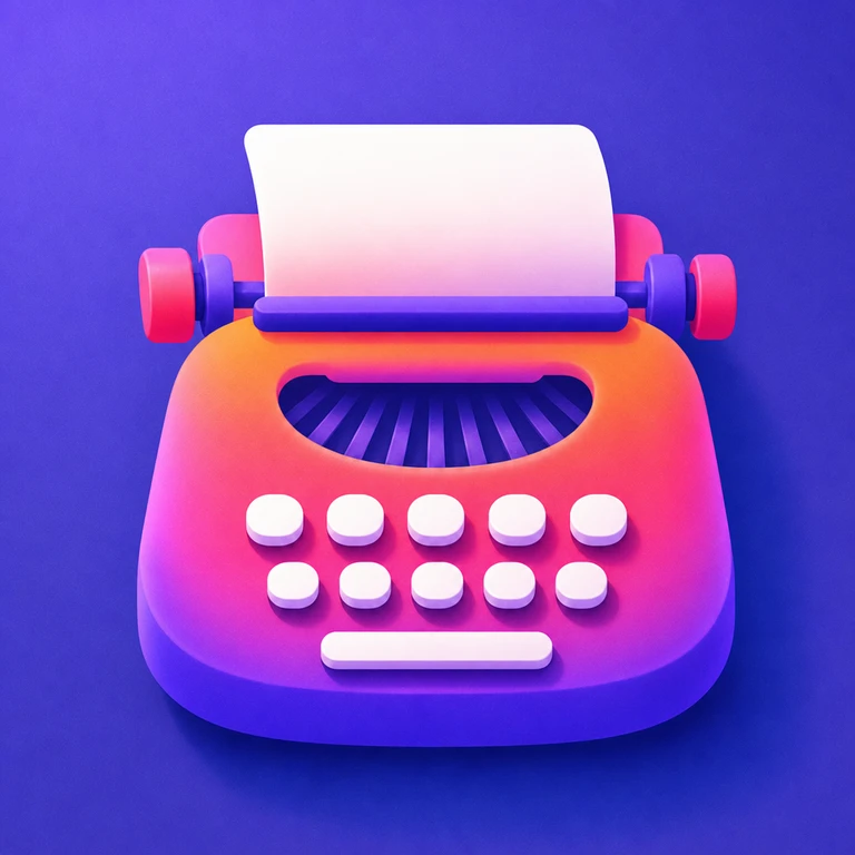 Rounded pink, orange, and purple typewriter with white keys and a blank sheet of paper on a blue-purple background