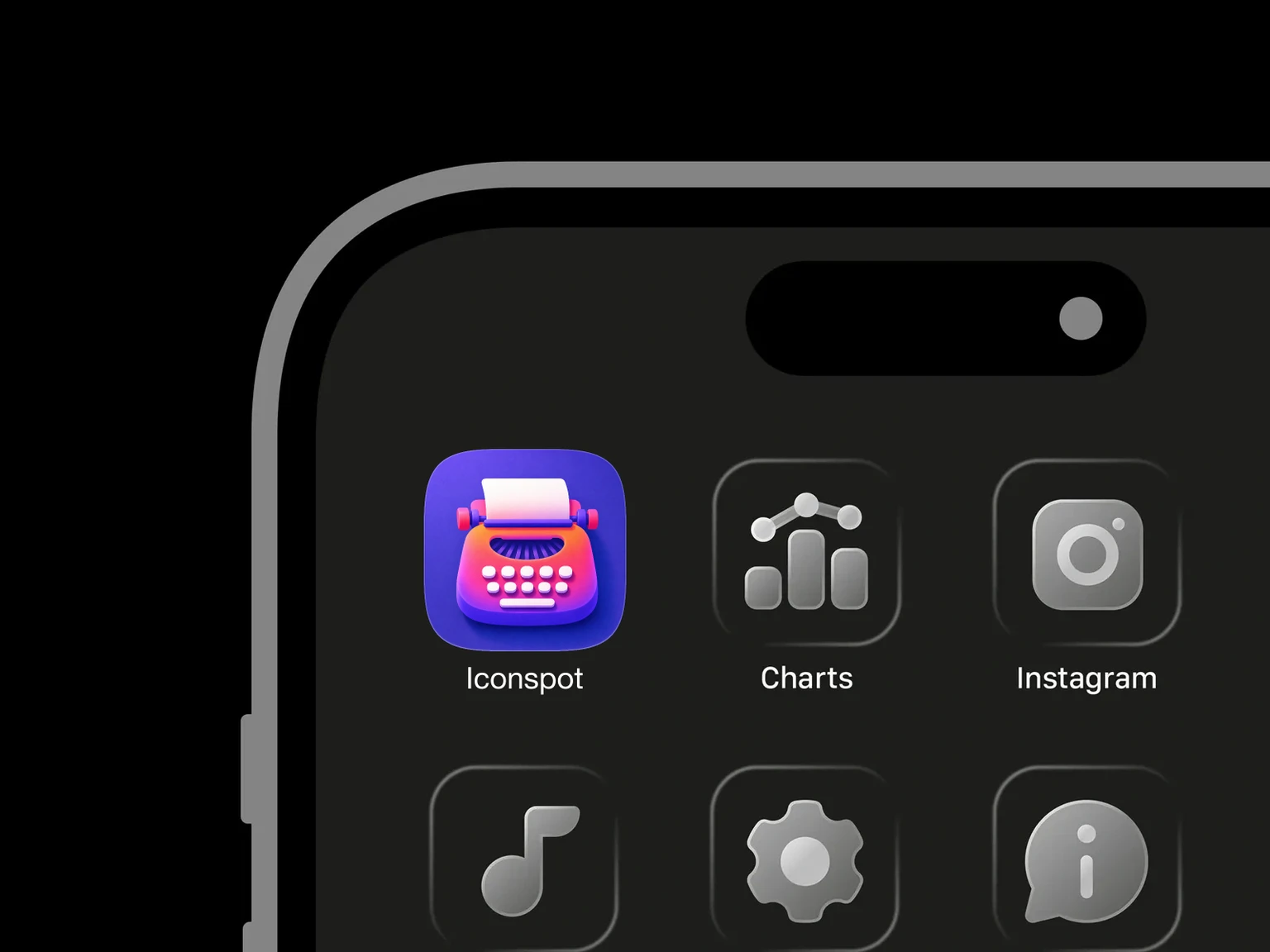 Rounded pink, orange, and purple typewriter with white keys and a blank sheet of paper on a blue-purple background shown in an iPhone app grid