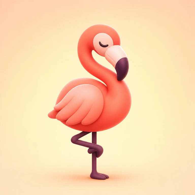 Rounded coral flamingo with a closed eye, curved neck, layered pink wing, and dark plum legs, balancing on one leg against a cream background.
