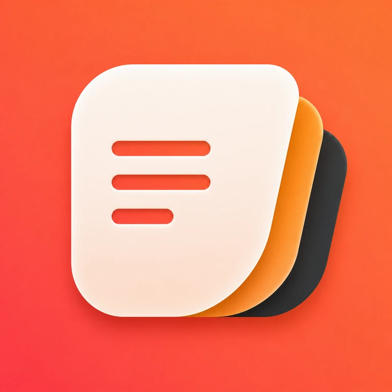 Large ivory document with three horizontal lines layered over orange and charcoal sheets on a coral background