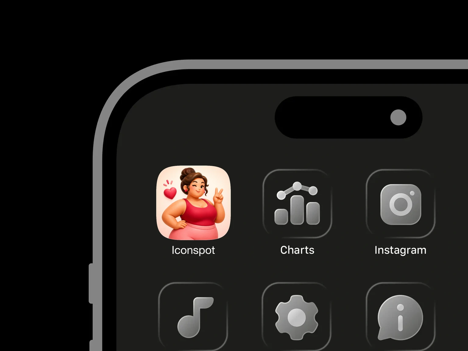Cheerful plus-size woman in coral and pink making a peace sign beside a red heart shown in an iPhone app grid