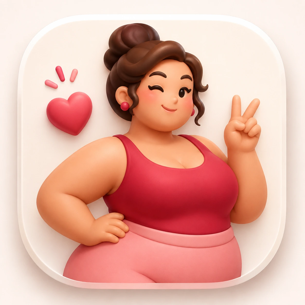 Cheerful plus-size woman in coral and pink making a peace sign beside a red heart original presentation artwork