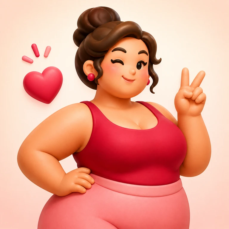 Cheerful plus-size woman in coral and pink making a peace sign beside a red heart