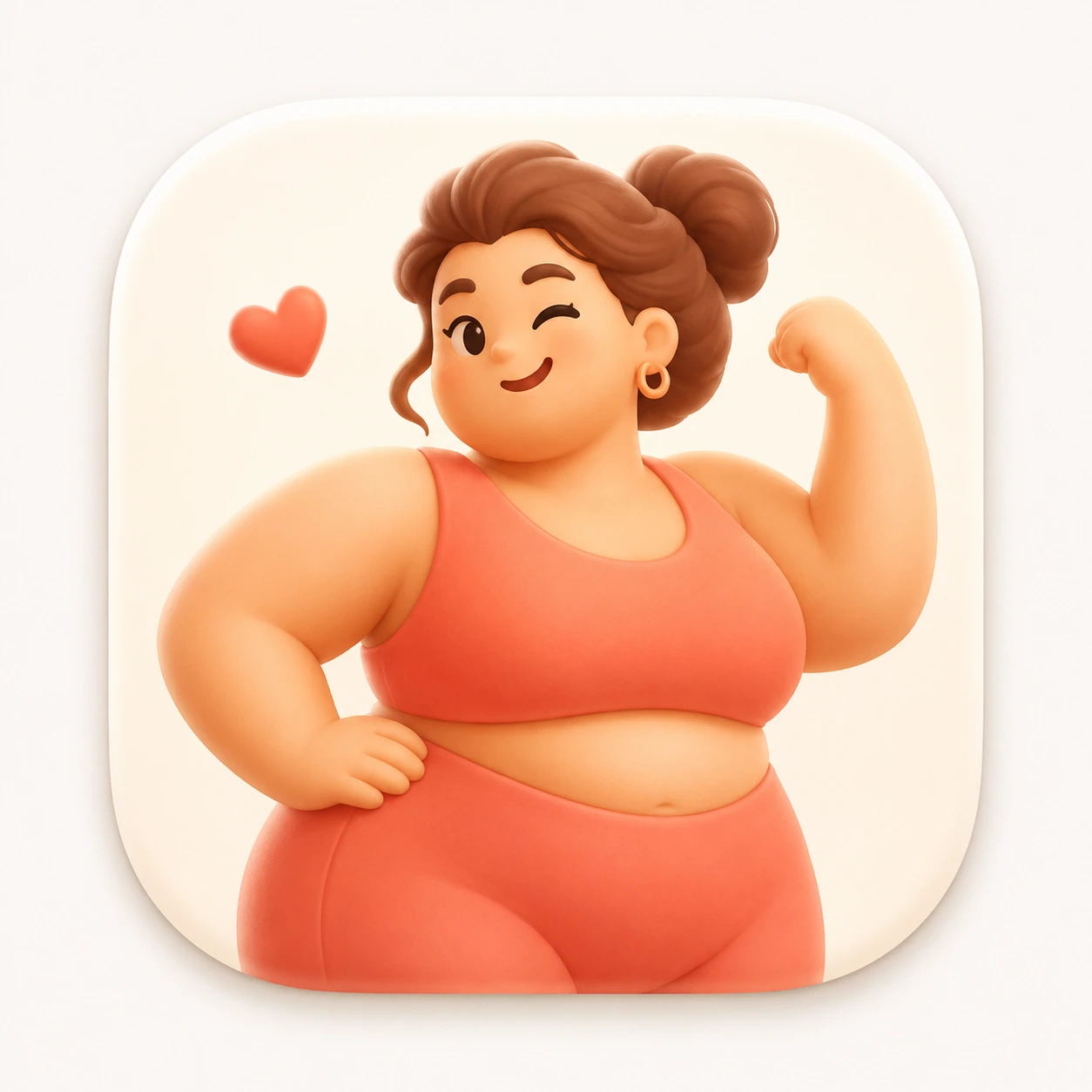 Joyful plus-size woman in coral workout clothes flexing her arm beside a coral heart original presentation artwork