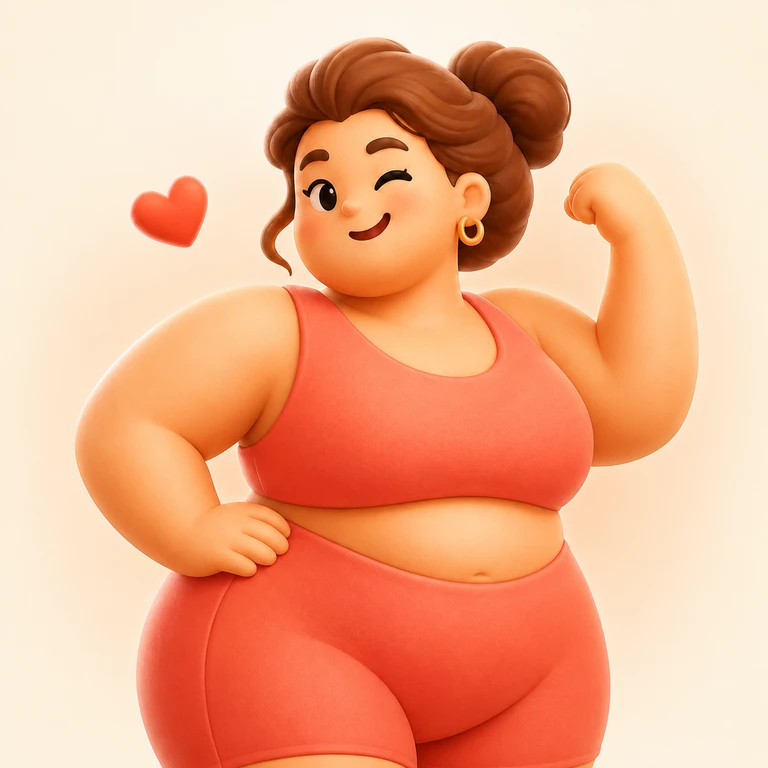 Joyful plus-size woman in coral workout clothes flexing her arm beside a coral heart