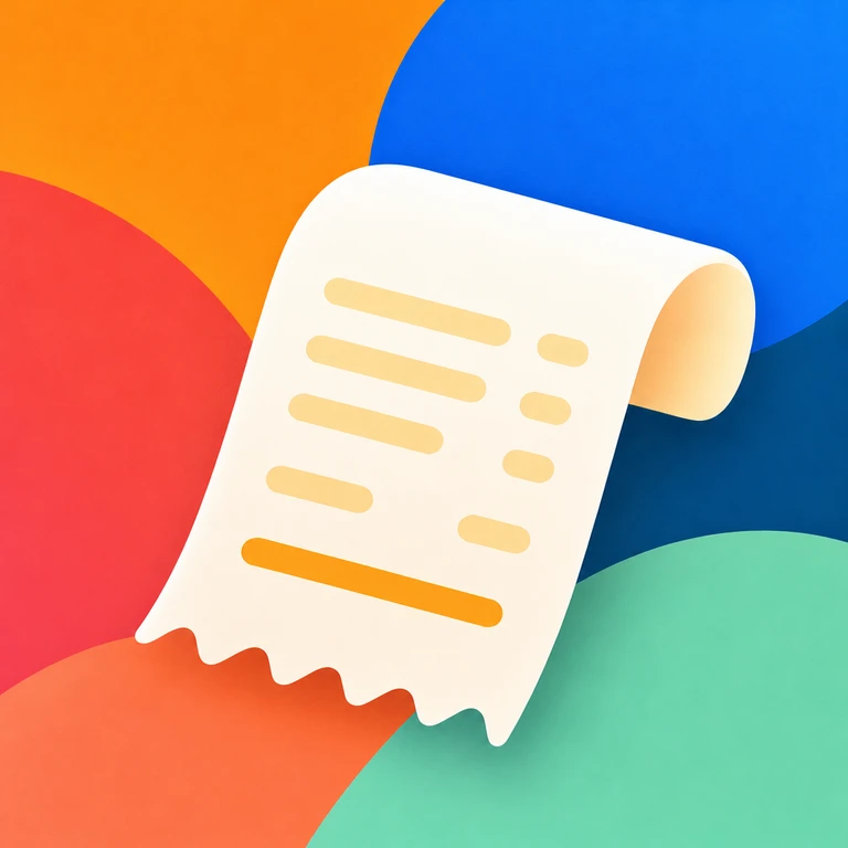 Curled cream receipt with gold line details on overlapping red, orange, blue, teal, and green shapes