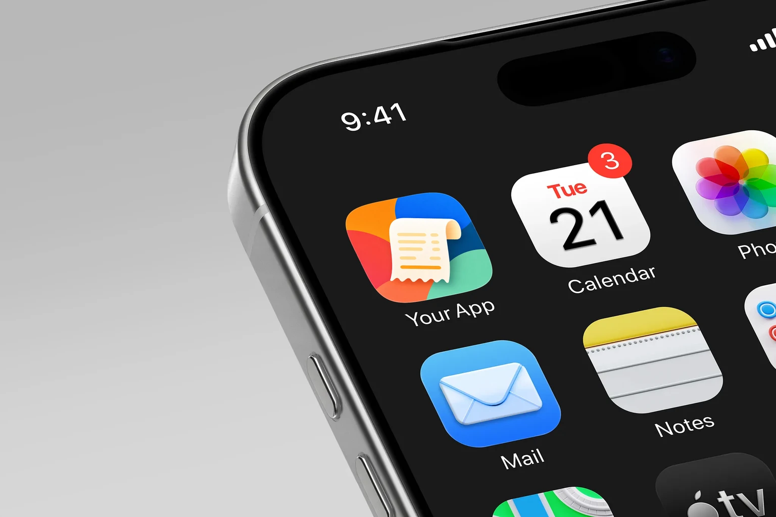 Curled cream receipt with gold line details on overlapping red, orange, blue, teal, and green shapes shown on an iPhone home screen