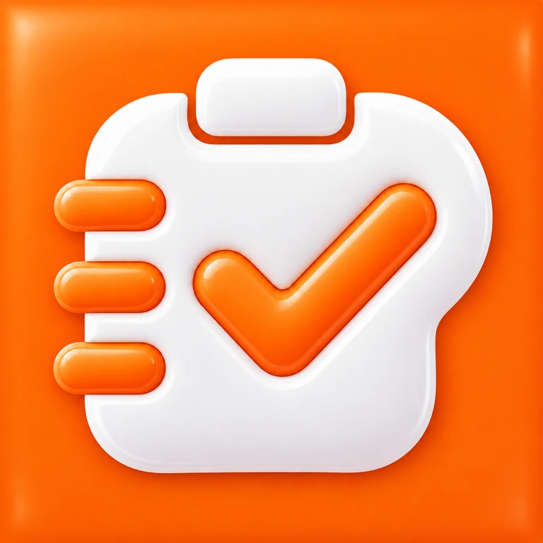 White checklist clipboard with three orange tabs and a large orange checkmark on an inflated orange background