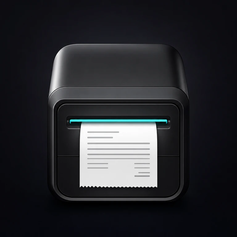 Rounded black receipt printer with a lined white paper slip emerging from a narrow cyan-lit slot on a dark background.