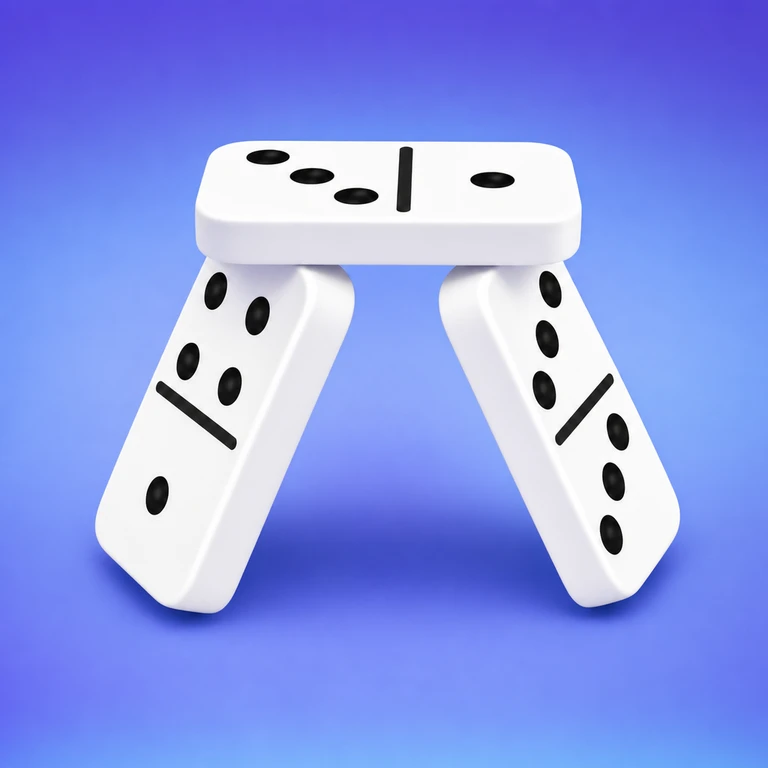 Three white domino tiles with black pips balanced in a triangular arch on a blue-purple background