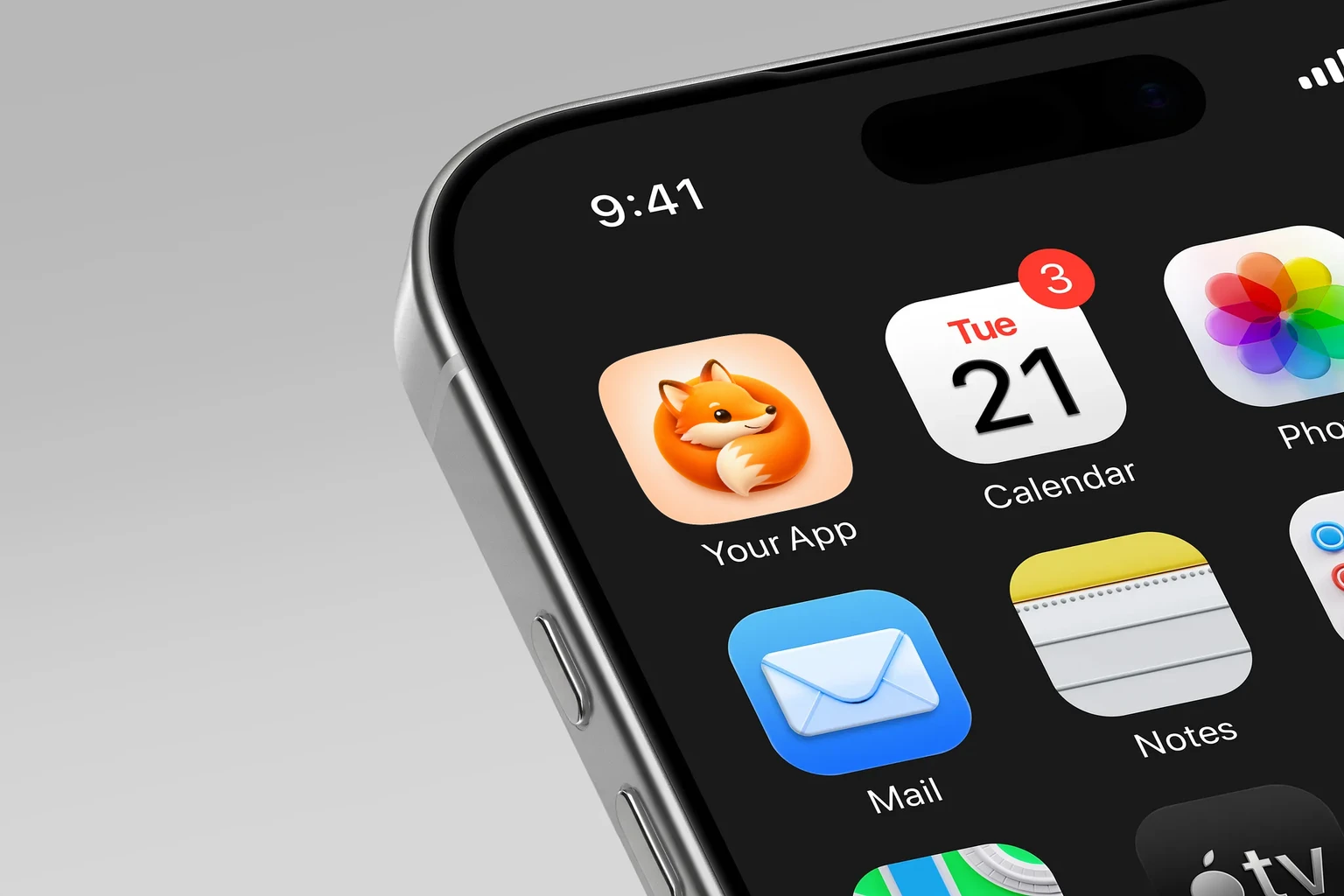 Friendly orange fox curled into a circle around its cream-tipped tail on a warm peach background shown on an iPhone home screen