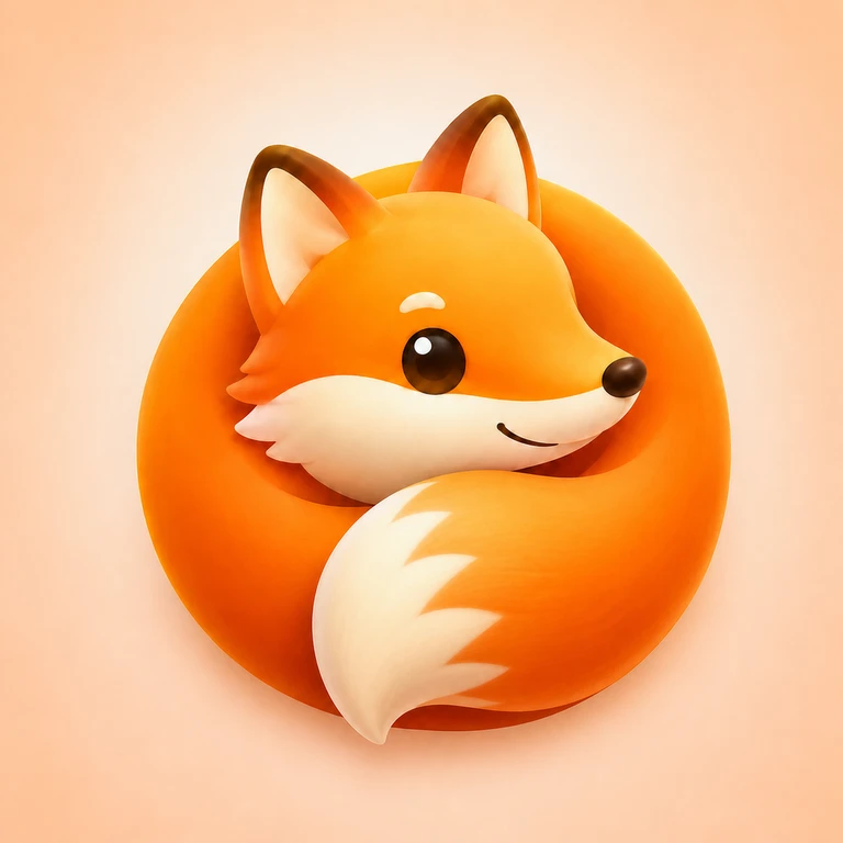 Friendly orange fox curled into a circle around its cream-tipped tail on a warm peach background
