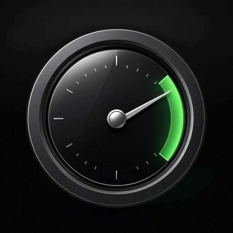 Circular black gauge with a metallic silver rim, white tick marks, and a silver needle pointing toward a glowing green segment.