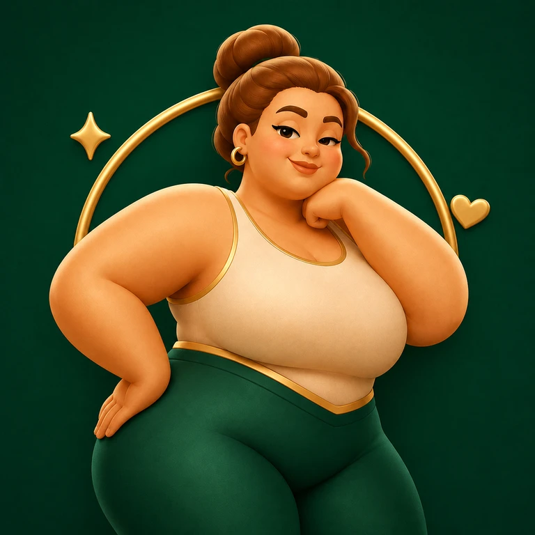 Poised plus-size woman in cream and emerald with a gold arc, heart and sparkle on deep green