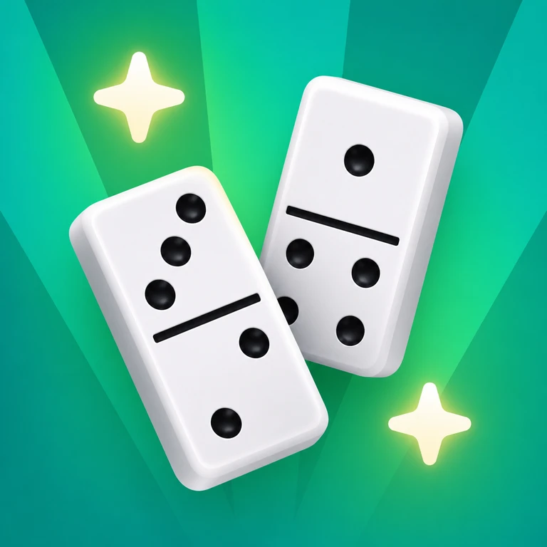 Two white domino tiles with black pips floating on a green radial background with two glowing stars