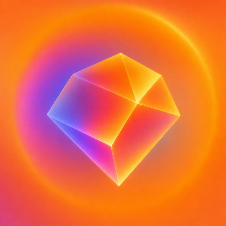 Floating faceted gem in orange, pink, purple and blue gradients against an orange background with a circular glow.